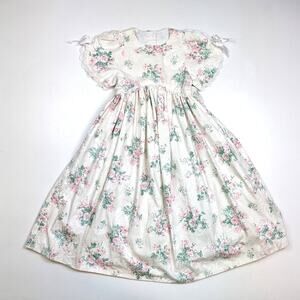Vintage Handmade Dress Girls Size 10 Cream Floral Party Fancy Dainty Cottagecore